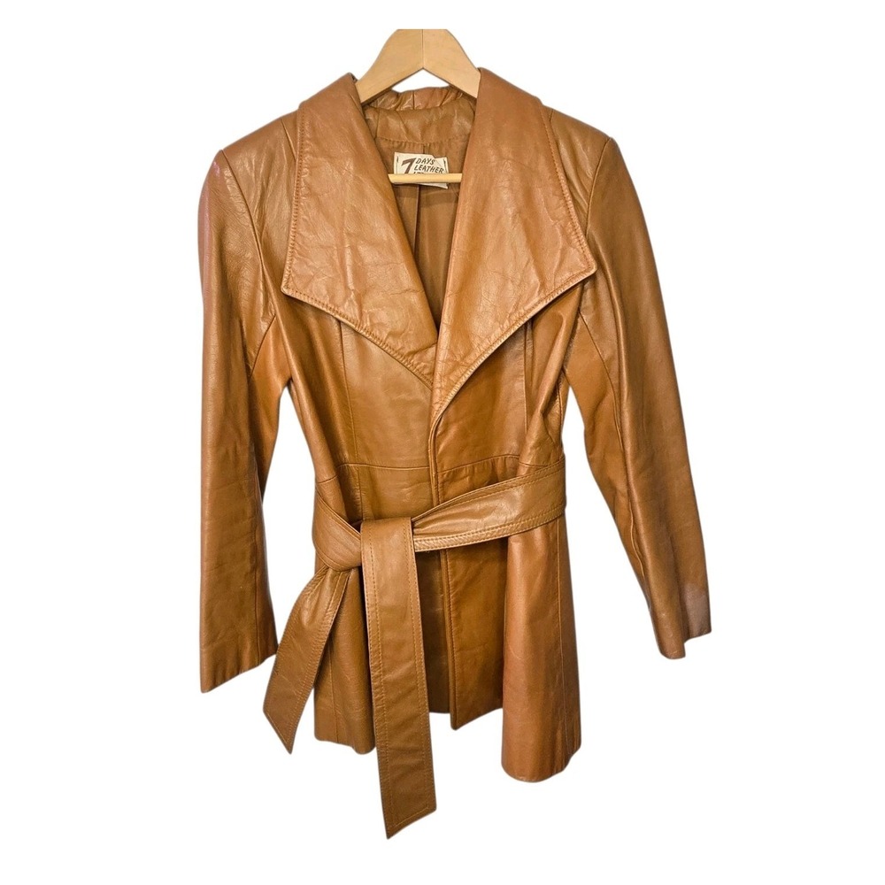 Vintage Camel Tan Genuine Leather Belted Wrap Jacket Waterfall 70s Boho Women's